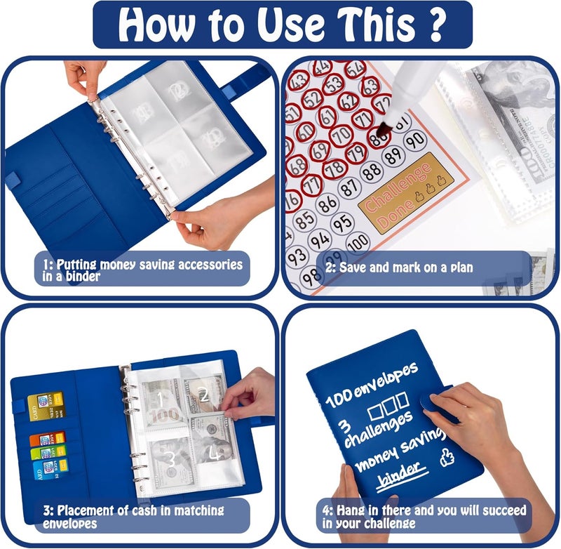 Antner 100 Envelopes Money Saving Challenge Money Saving Binder, Savings Challenges Book with Envelopes & Challenge Tracker to Save $5,050 and $10,000 and $500, A5 Budget Planner Cash Book, Navy Blue - Image 4